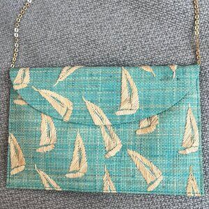 Kayu For Vineyard Vines Embroidered Woven Raffia Sailboat Envelope Clutch (Blue)